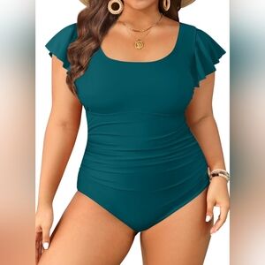 DACI One-Piece Swimsuit Teal Ruffle Sleeve Plus Size 16W NWT